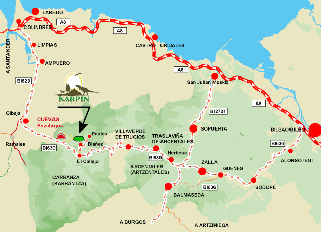 Mapa que muestra las rutas a Karpin Abentura desde las principales localidades